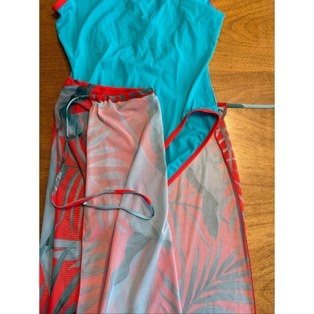 Bali Studio Women's One Piece Swimsuit Cover Skirt Set Teal Red Orange Medium/14 - Picture 3 of 12